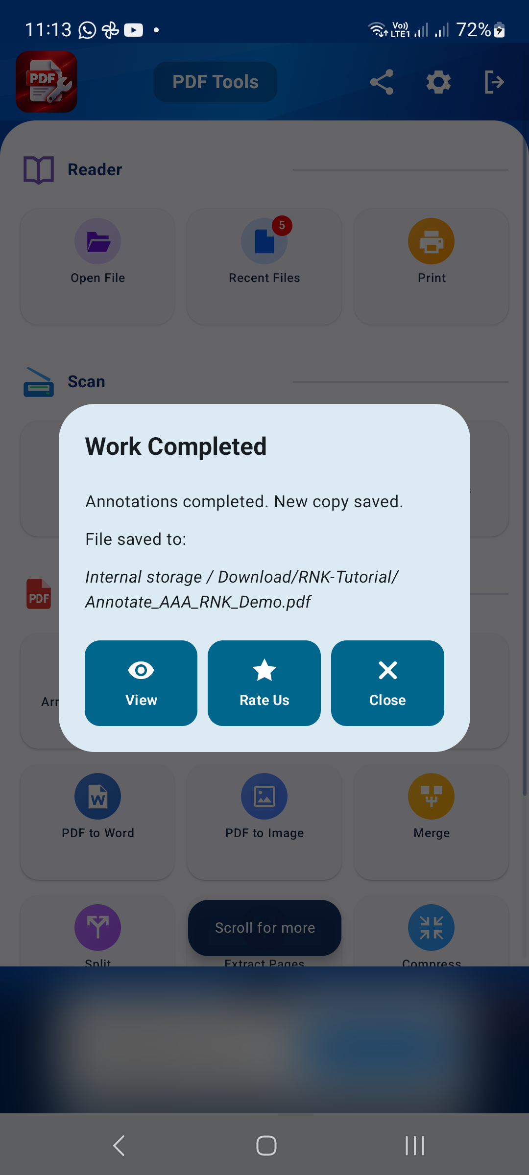 The app confirms that the annotations were saved as a new PDF copy.