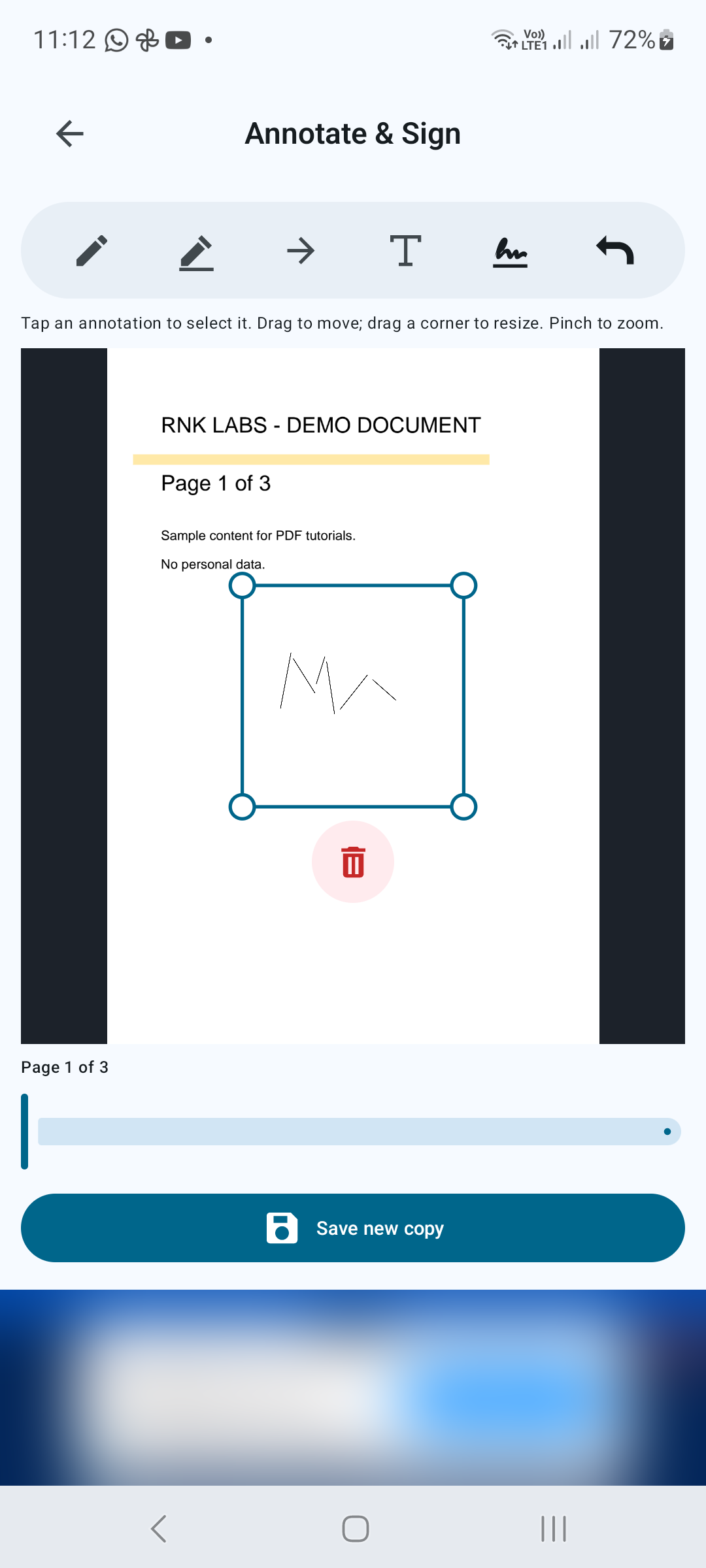 A nonpersonal demo signature mark is inserted and selected for positioning.