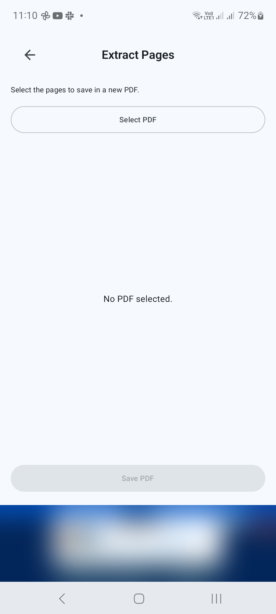 Ouvrez Extraire les pages et choisissez Sélectionner un PDF.