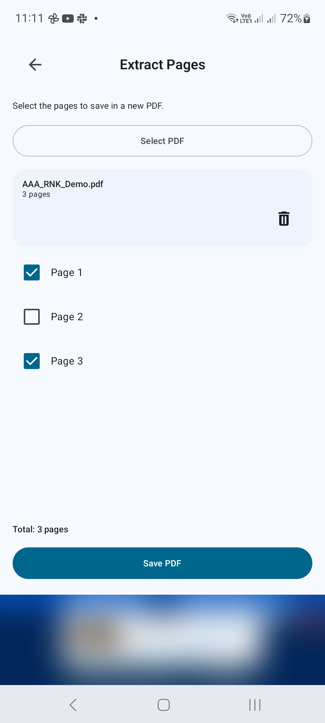 Les pages 1 et 3 sont sélectionnées pour être conservées dans le nouveau PDF.