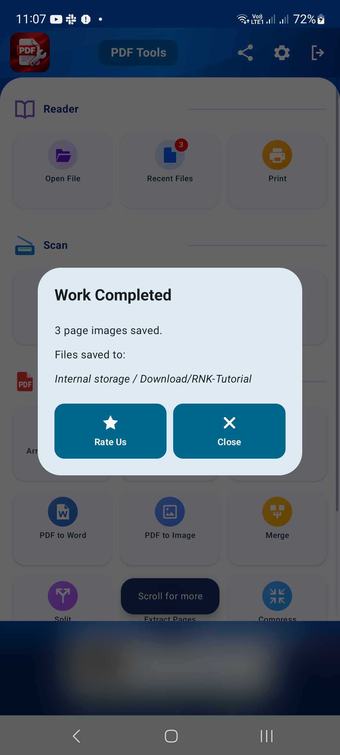 The completion dialog confirms that three page images were saved and shows their destination folder.