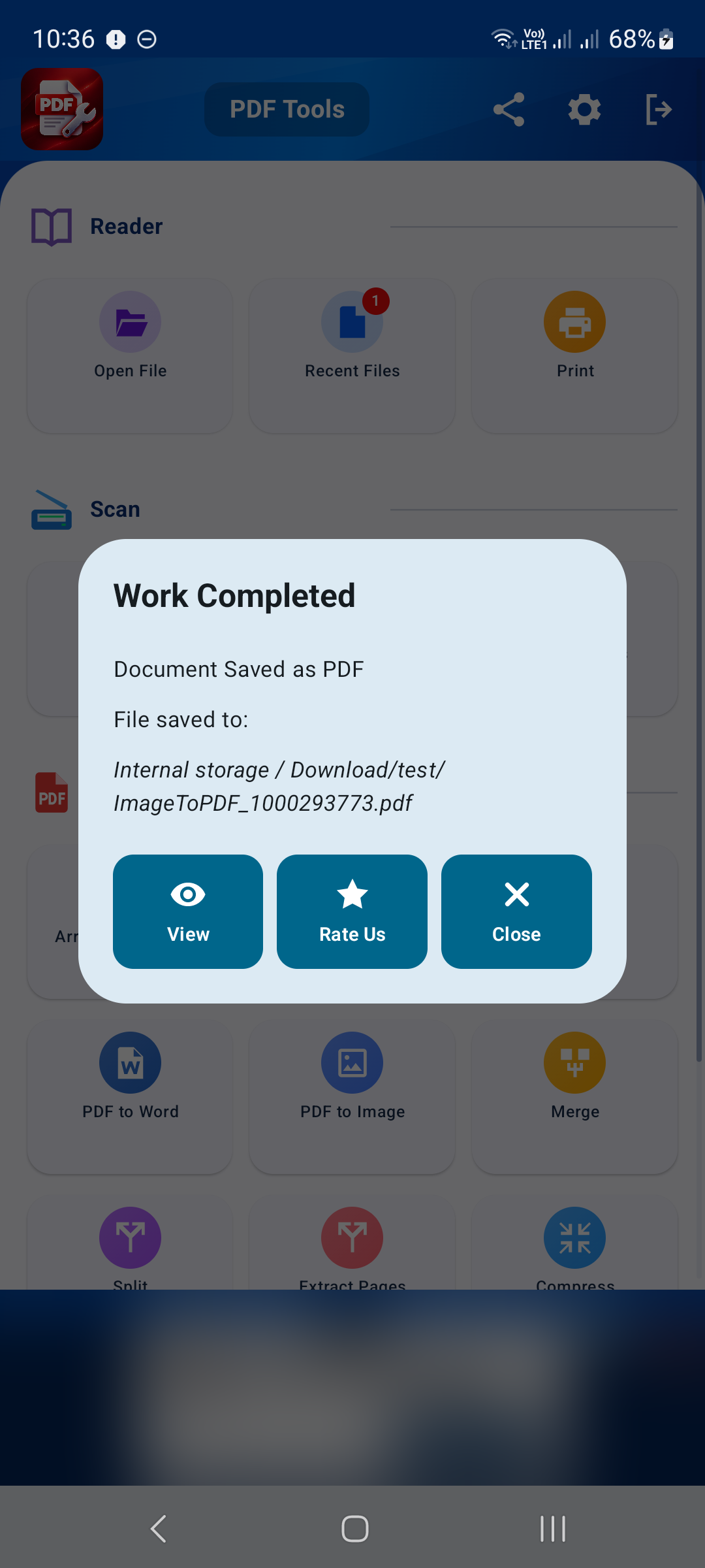 Esempio di conferma del salvataggio del PDF condiviso, illustrato con la conversione dell'immagine demo.