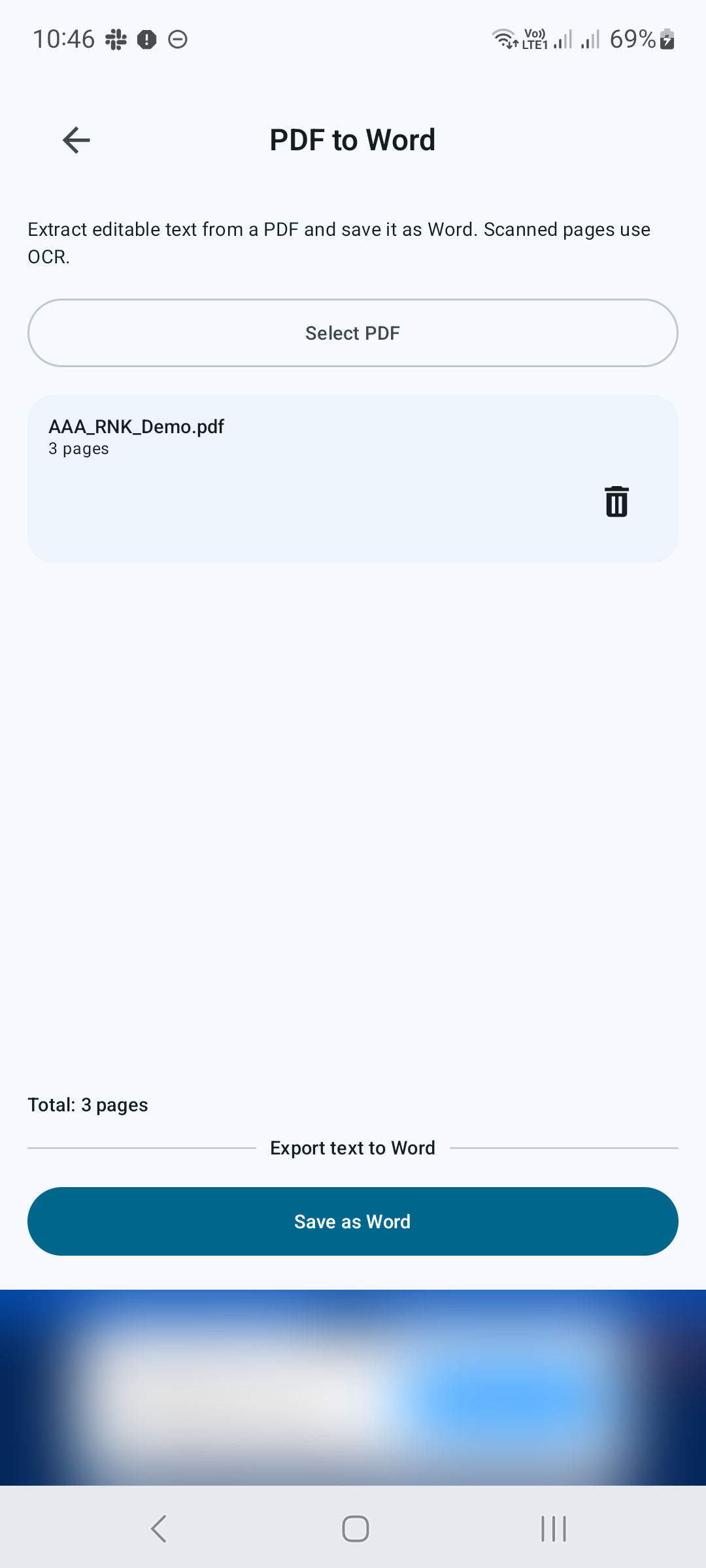 Seçilen PDF ve sayfa sayısı Word Olarak Kaydet'in üzerinde görünür.
