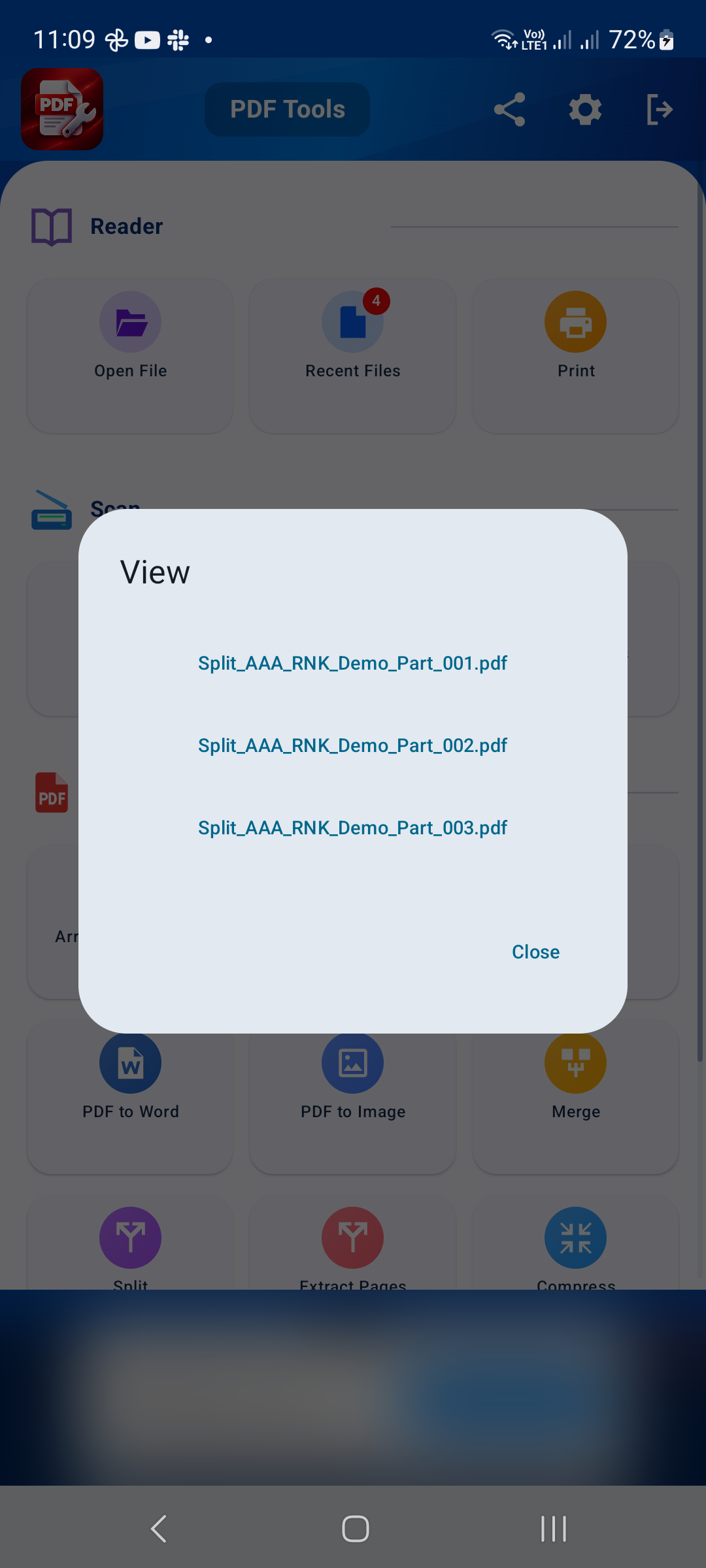 La liste Afficher contient les trois PDF générés. Appuyez sur un fichier pour inspecter ses pages.
