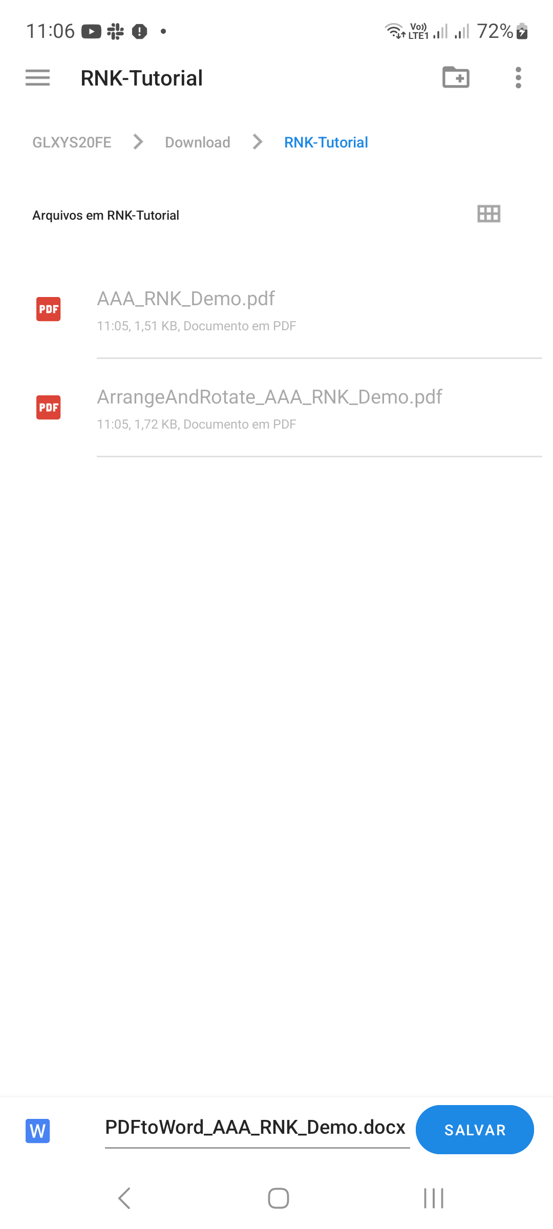 Android kaydetme iletişim kutusunda DOCX dosya adını ve hedefini seçin.